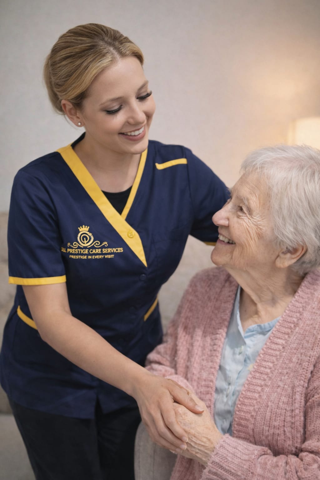 Caregiver assisting elderly woman indoors.